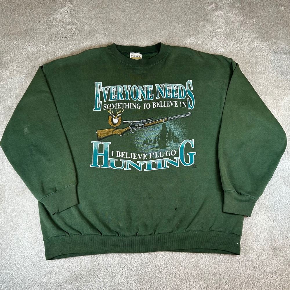 Vintage 90s Tultex Hunting Graphic Sweatshirt Men's XL Green Outdoors Rifle Buck